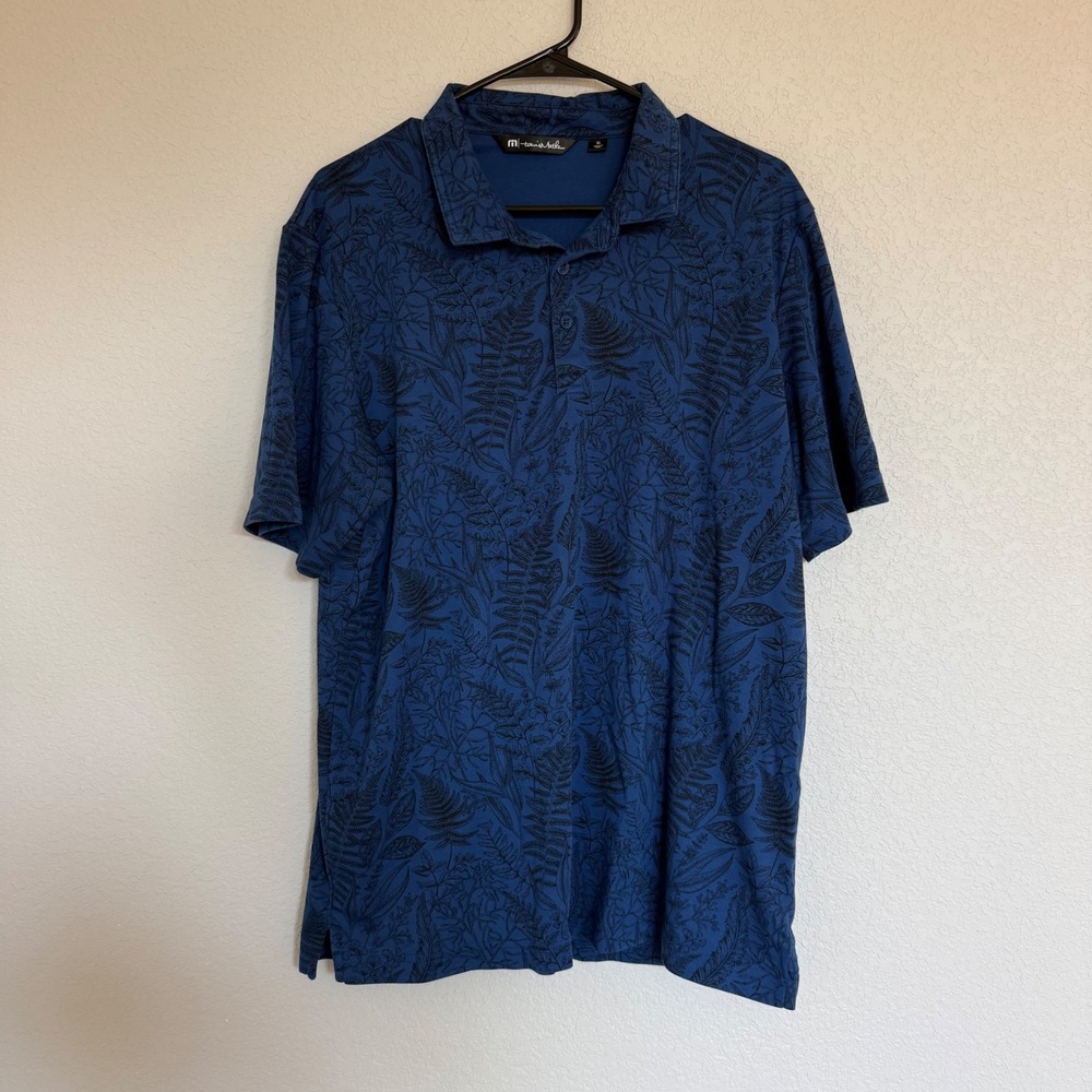 Travis Mathew Mens XL Blue Fern Botanical Print Pima Cotton Blend Polo Shirt